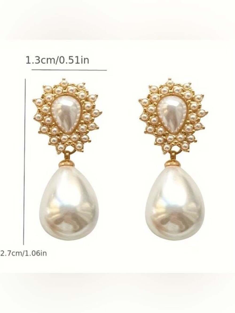 Gold Pearl Teardrop Halo Earrings - White Pearl - Picture 3 of 5